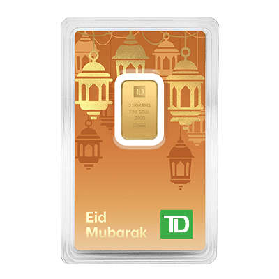 A picture of a 2.5 gram TD Eid Gold Bar (2025)